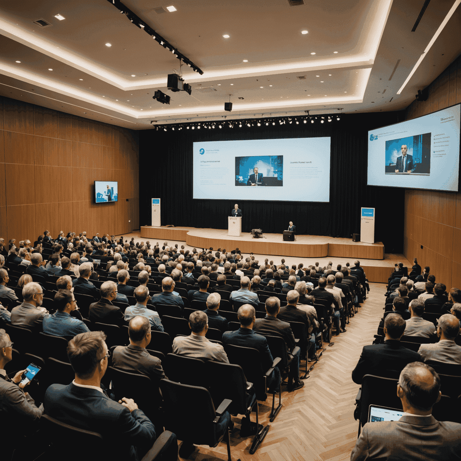 Fotografie z konference o technologických inovacích v Praze. Moderní konferenční sál plný účastníků poslouchajících přednášejícího na pódiu s velkými obrazovkami zobrazujícími prezentaci.