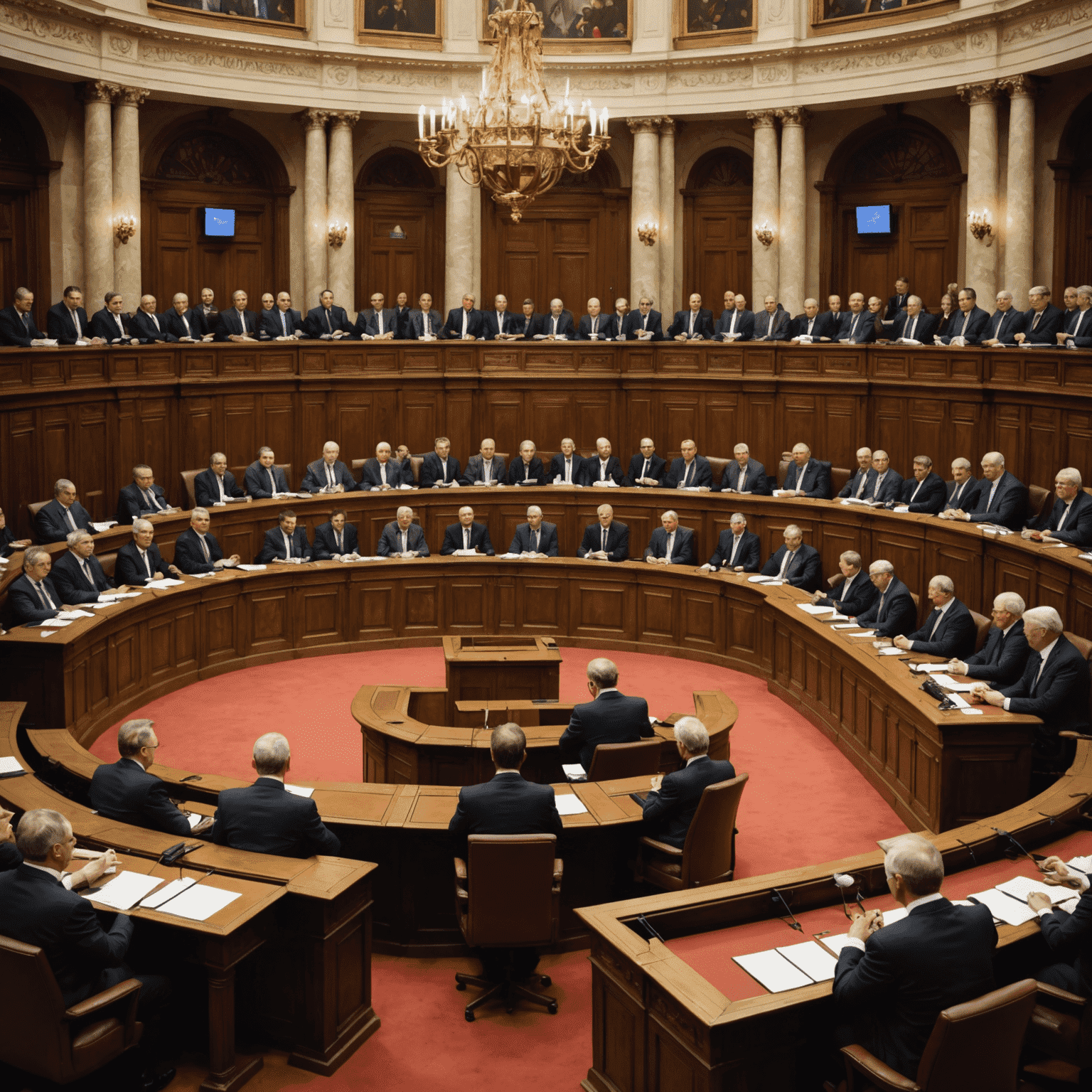 Obraz znázorňující český parlament s politiky během debaty