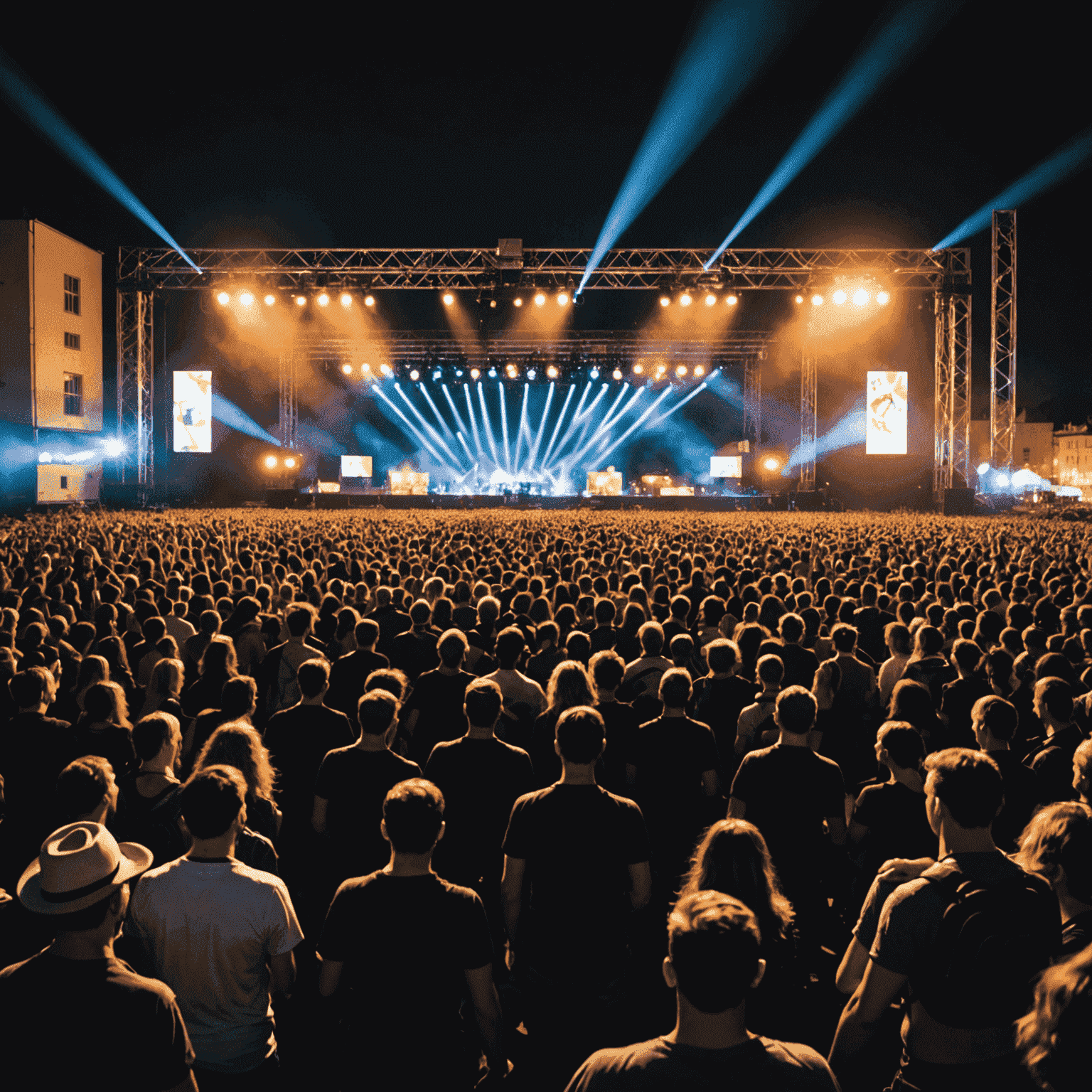 Živá scéna z hudebního festivalu v Brně. Dav nadšených fanoušků před velkým pódiem s vystupující kapelou a působivou světelnou show.